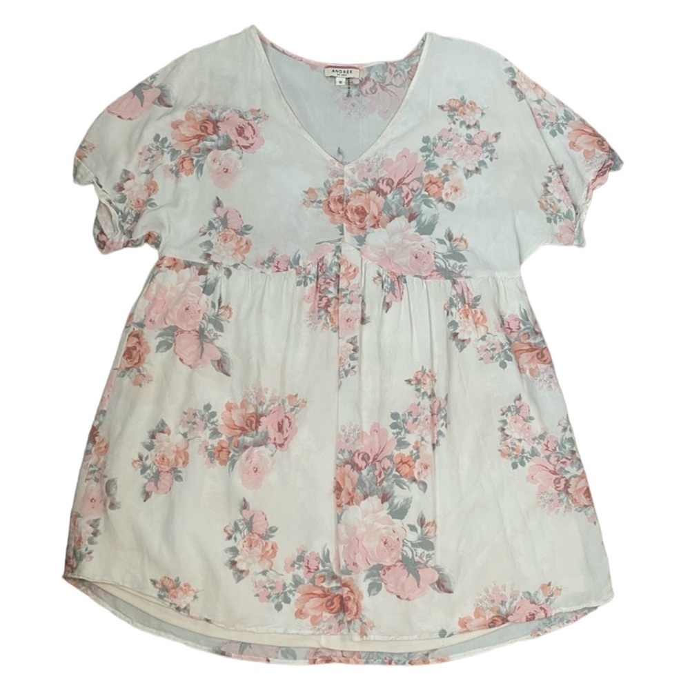 Andree by UNIT pink floral on white top size 1X